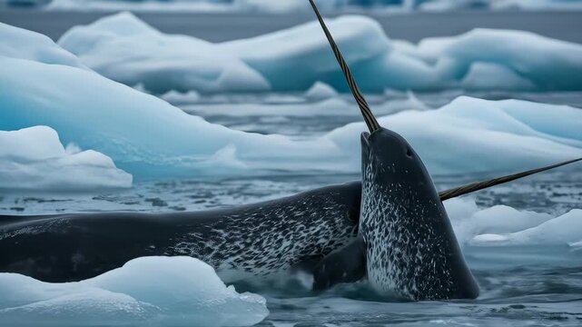 Two Narwhals with Intertwined Tusks Swimming Through Ice-Covered Arctic Waters