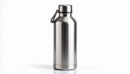A shiny, stainless steel water bottle isolated against a white background.