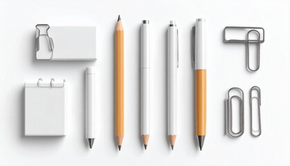 Overhead shot of office supplies including pens, pencils, clips, and notepads arranged on a white surface.