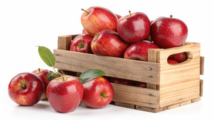 Red Apples in wooden crate isolated in white background