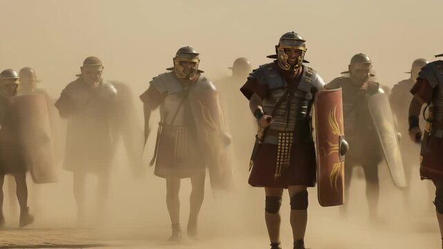 Roman Legion Advances Through Dusty Terrain: Ancient Military Power and Determination