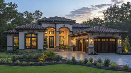 Modern luxury house exterior with warm lighting and landscaped garden at dusk