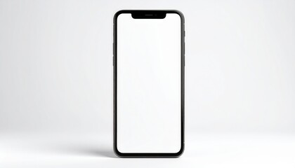 A modern black smartphone with a blank white screen, presented on a plain white background.