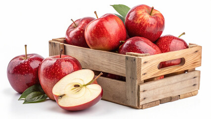 Fresh Red Apple in crate and apple slice in white background