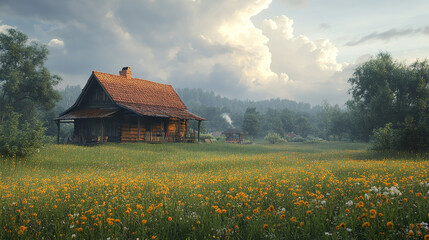 Rustic wooden cabin with red roof stands peacefully in vast meadow filled with yellow wildflowers under dramatic cloudy sky, surrounded by lush green trees and distant hills