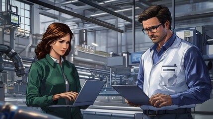 Two individuals working in a modern industrial setting.