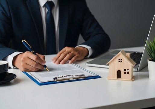 Agent signing real estate deed, showcasing secure property contract deals, legal documentation. Concepts buying, selling, renting, investment, and residential market.�
