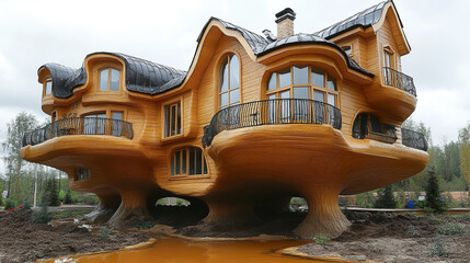 Upside down wooden house with curved roof and black metal balconies stands on sculpted pillars in cloudy outdoor setting, creating surreal and intriguing architectural attraction