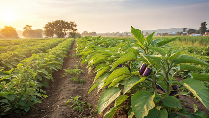Brinjal plant in field in natural blue sky background