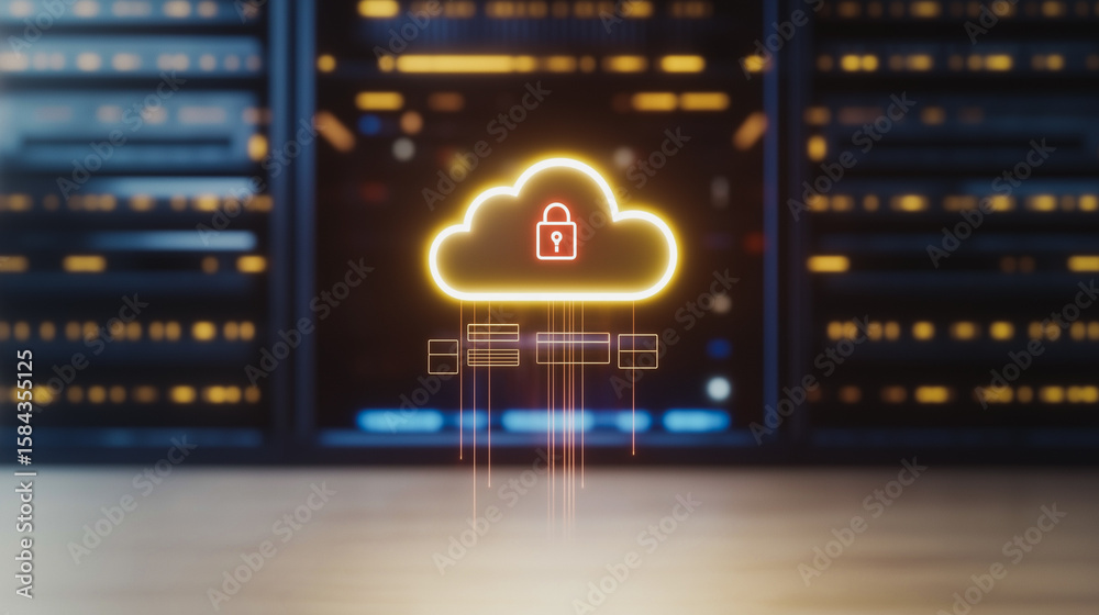 Poster secured cloud data storage: illuminated cloud and padlock symbol hovering above server racks, symbol