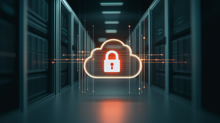 Cloud Security Illustration: A striking visualization of cloud security with a glowing lock symbol within a cloud shape, set against a server room backdrop.
