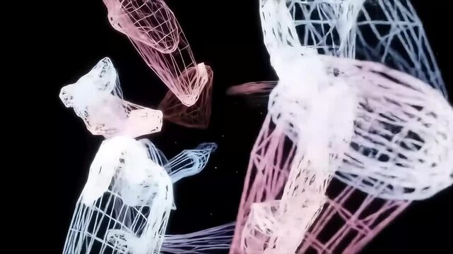 Abstract rendering of wireframe human figures in varying colors, floating against a dark background, creating a sense of digital presence and connection. - Powered by Adobe