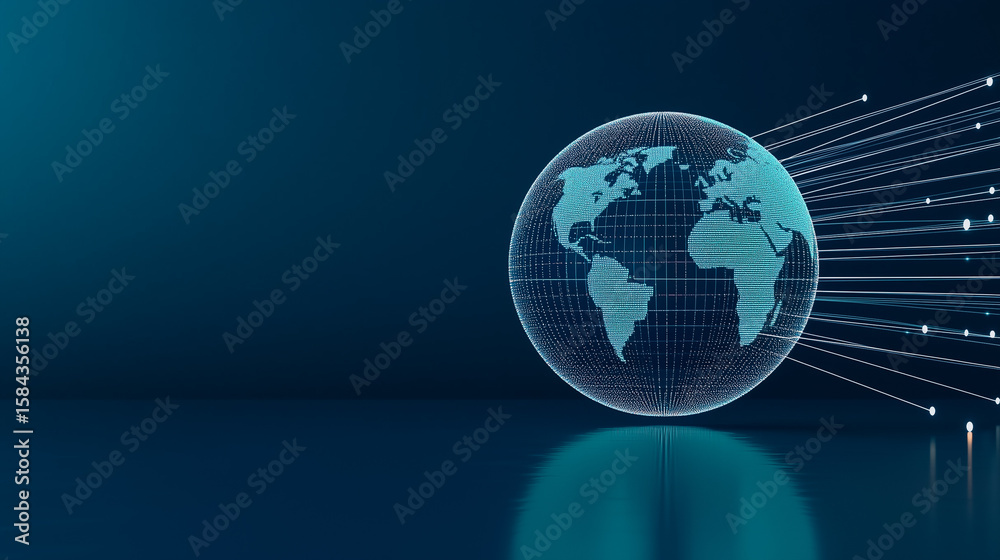 Poster global network connection: a digital rendering illustrates a globe encompassed by interconnected dat