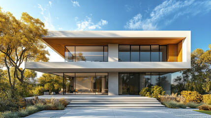 Modern house with large glass windows and wooden ceiling panels surrounded by autumn trees and shrubs under bright blue sky on sunny day