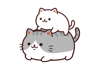 Cartoon Cats Stacked: Gray Striped Cat with White Cat on Top.