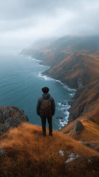 A person standing on a hilltop overlooking the ocean, with a backpack, wearing outdoor clothing. Dramatic clouds and vistas suggest an adventurous journey.