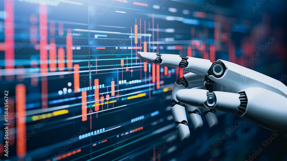 Poster digital analysis: a robotic arm interacts with a high-tech data display, visualizing complex financi