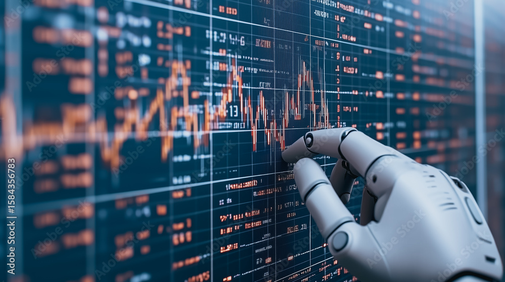 Poster digital analysis: futuristic robotic hand interacting with a digital interface, representing data an