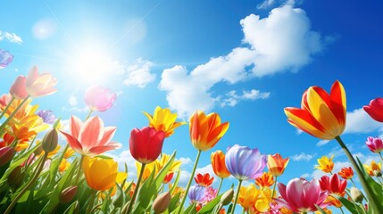 Vibrant tulips bloom under a bright, sunny sky.