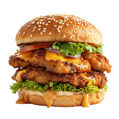 Delicious crispy chicken burger with cheese and lettuce in sesame seeded bun for mouthwatering meal