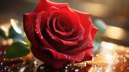 Dewy red rose close-up, vibrant and beautiful.