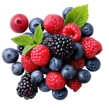 Fresh low calorie mixed berry food with raspberry blueberry blackberry and cranberry colorful arrangement with green leaves png