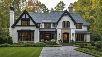 White modern farmhouse with black trim and large windows surrounded by lush green lawn and trees, creating peaceful and elegant home exterior in natural setting