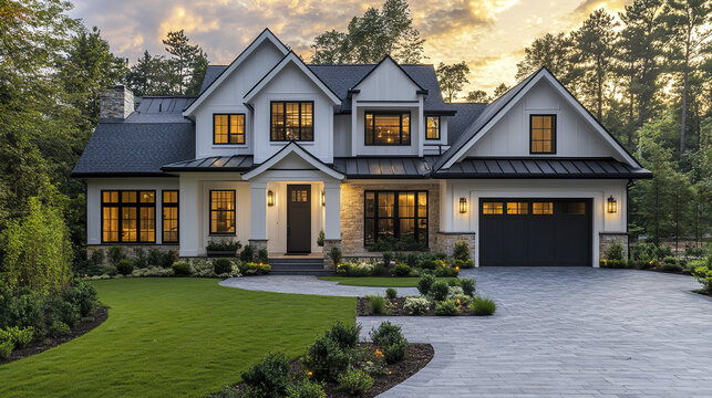 White modern farmhouse with black roof and warm lights glowing through windows at sunset, surrounded by lush green lawn and landscaped garden creating peaceful atmosphere