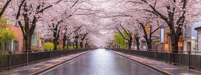 Cherry blossom-lined street in Japan, peaceful and serene.