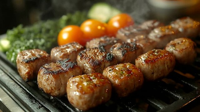 Delicious grilled meatballs presentation on a hot barbecue with fresh vegetables