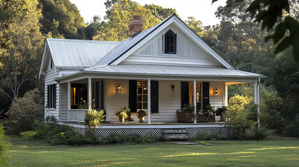 White timber house with shutters and veranda surrounded by lush green trees and garden in warm sunlight creating peaceful and inviting atmosphere