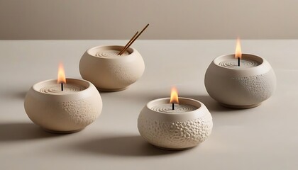 Beige ceramic incense holders on textured stone bases, Ceramic workshop in pottery studio., created with generative ai	