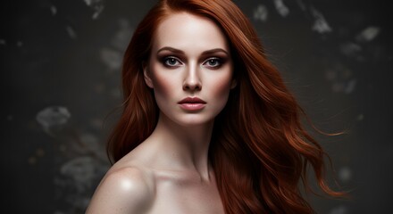 Naklejka premium Striking portrait of a beautiful woman with flowing red hair and flawless skin in a dramatic style.