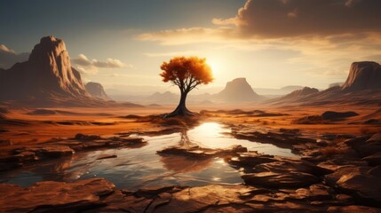 Lone tree reflects in a desert pool, golden light.