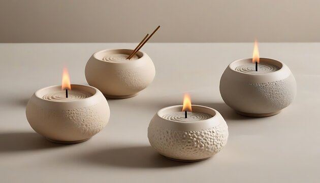 Beige ceramic incense holders on textured stone bases, Ceramic workshop in pottery studio., created with generative ai	