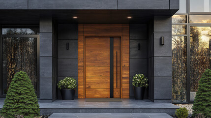 Wooden entrance door with modern black frame and handle, set in dark stone facade with large windows and potted plants, creating stylish and inviting house entry