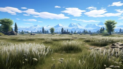 Lush meadow with distant mountain peaks under a bright sky.
