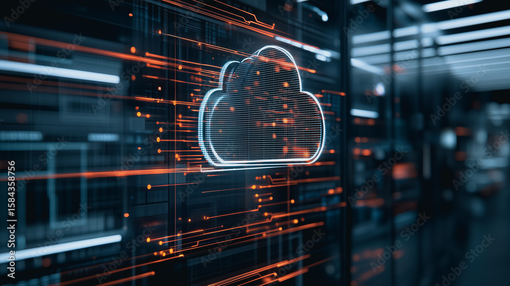 Poster cloud data dynamics: the image depicts a luminous cloud emblem at the core of a complex digital grid