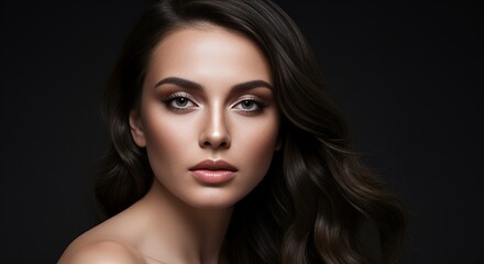 Obraz premium Close-up portrait of a beautiful woman with smoky eye makeup, dark hair, and a serene expression.