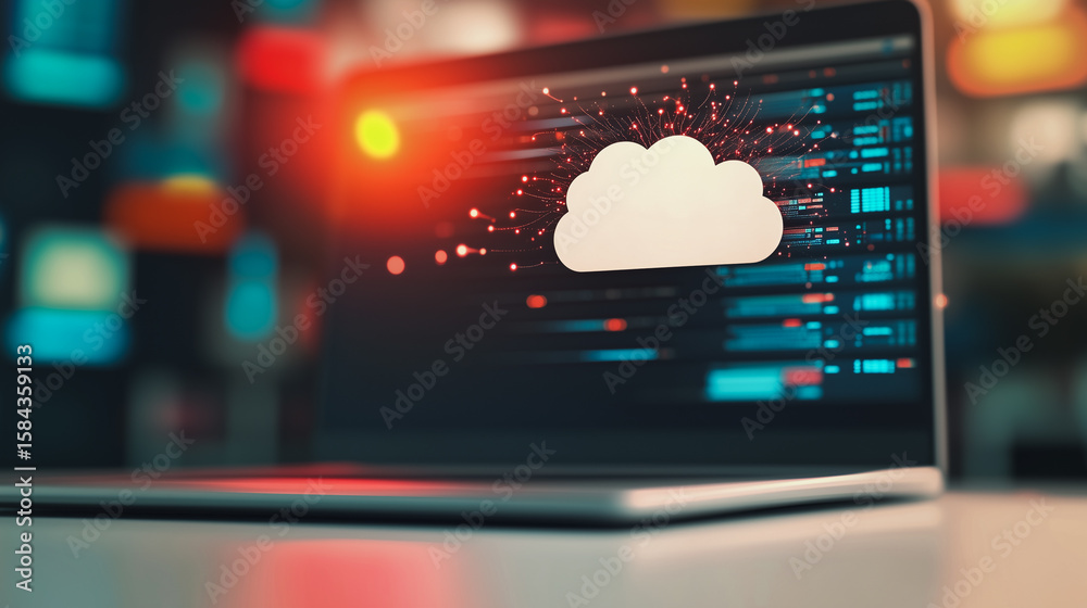 Poster Cloud Computing Digital Interface: A modern laptop displays a dynamic digital interface featuring a cloud symbol and data streams, symbolizing modern technology and data storage.
