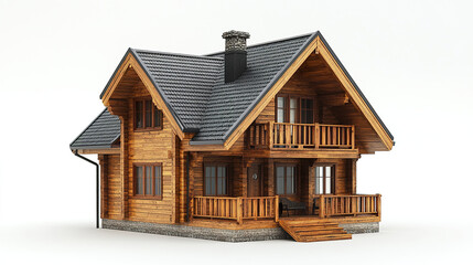 Wooden house with dark gray roof and stone chimney, featuring balcony and porch with railing, isolated on white background, cozy rustic cabin design with natural wood texture and stairs