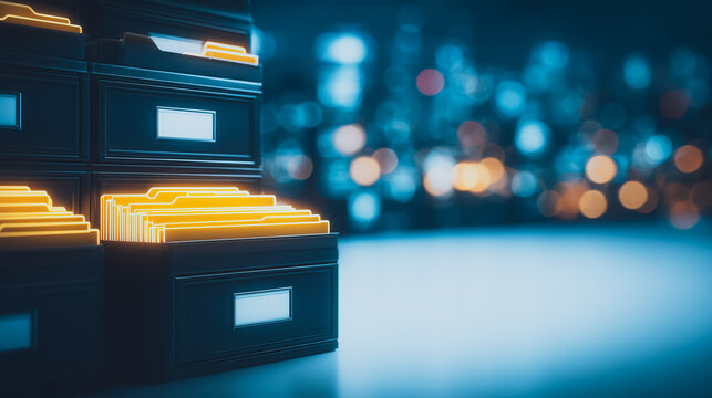 Digital Archives: Illuminated file cabinets with glowing, digitized data, offering a futuristic perspective on information management. Emphasizing efficiency and modern technology.