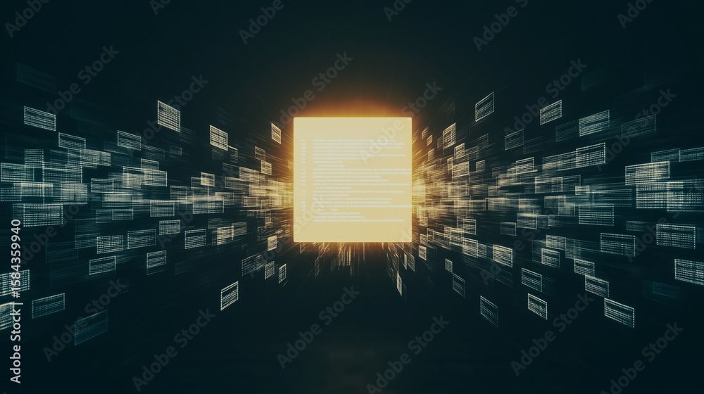 Poster digital core: a radiant central cube pulsates with energy, surrounded by a network of interconnected