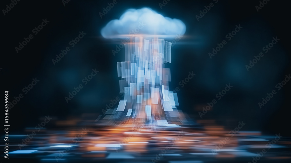 Poster cloud data flow: abstract representation of a cloud with data flowing downwards, symbolizing data tr