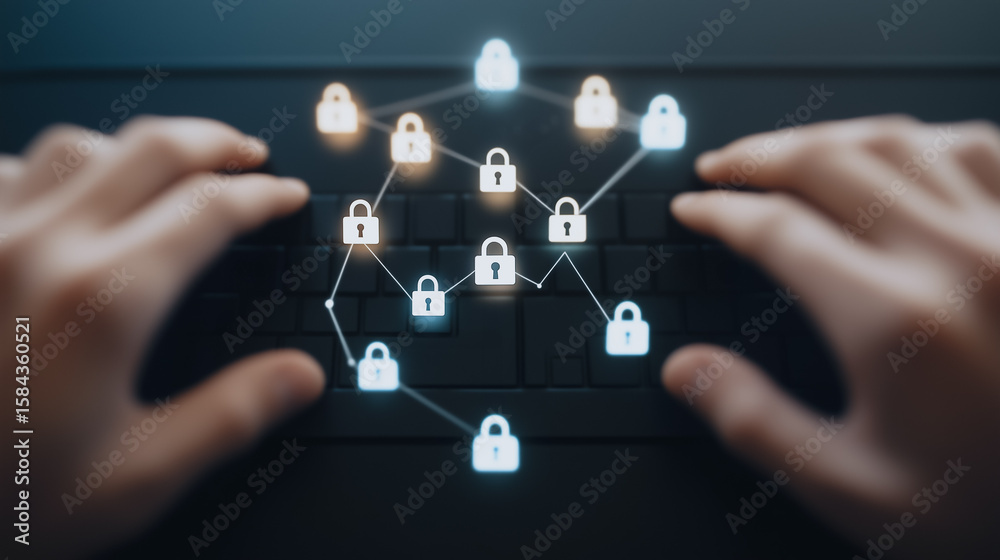 Poster cybersecurity network protection: hands typing on a keyboard with glowing padlock icons forming a ne