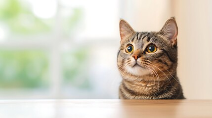 Curious tabby cat peeking over a wooden table with soft background