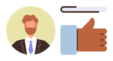 Businessperson portrait in a suit with a tie next to a large thumbs-up gesture conveying approval. Ideal for feedback, success, business, hiring, recommendation, professionalism, simple flat metaphor