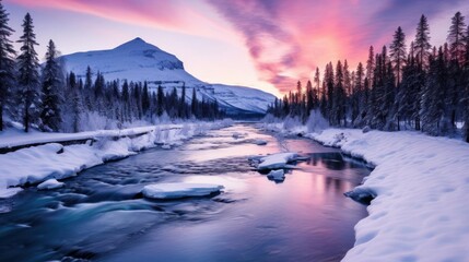 Winter river reflecting a snow-capped mountain at sunset.