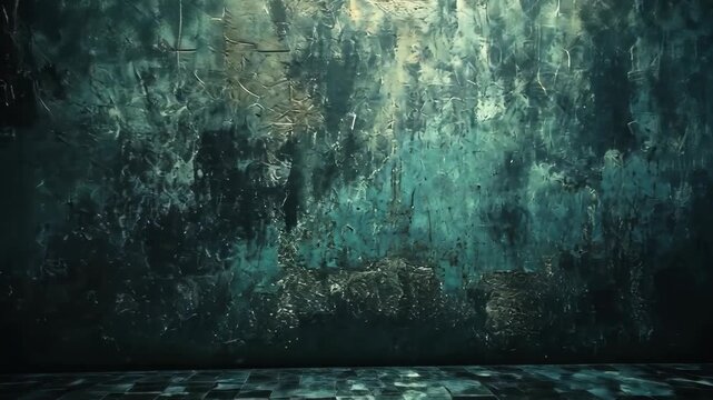 Grungy textured wall with peeling paint and a damp floor, creating an eerie atmosphere
