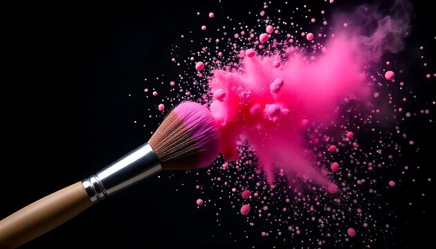 Pink Powder Explosion, Black Background, Closeup Brush, Photography, Image, Stock Photo, Artistic, Abstract, Makeup, Cosmetics, Beauty,  Powder, Splash, Burst, Texture, created with generative ai - Powered by Adobe